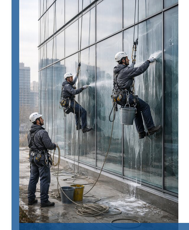 Промышленная мойка панорамных окон на высоте в Оренбурге