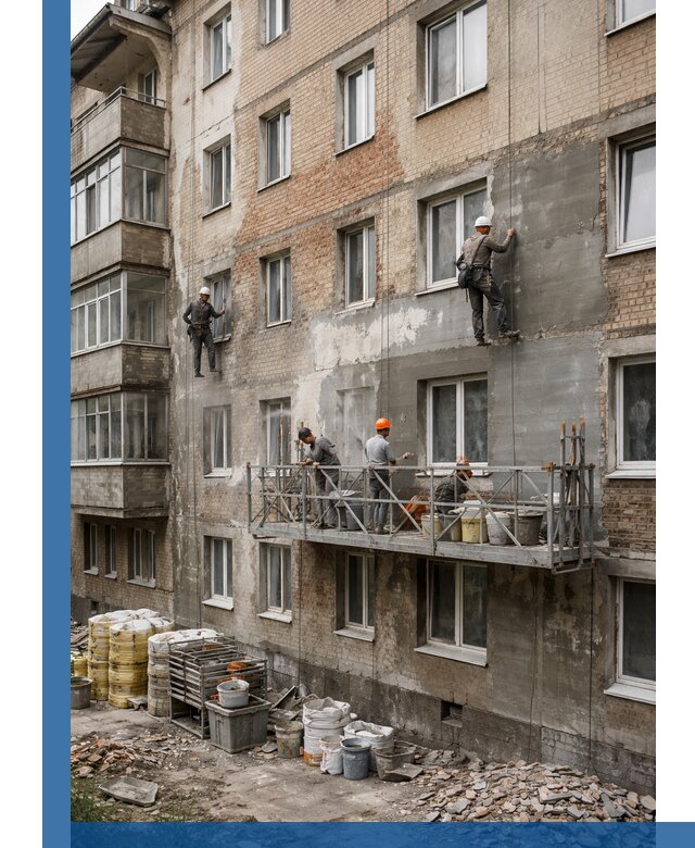 Капитальный ремонт фасада в Оренбурге с восстановлением и гидроизоляцией