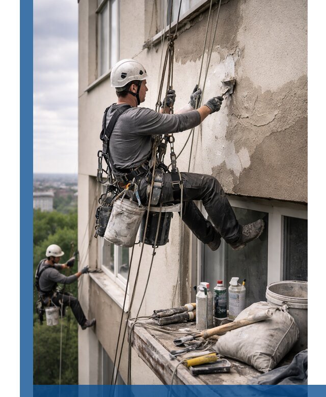 Косметический ремонт фасада зданий в Оренбурге промышленными альпинистами