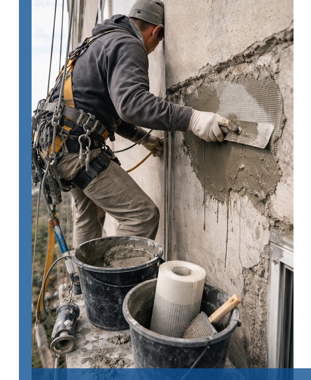 Ремонт бетонных элементов фасада промышленными альпинистами в Оренбурге