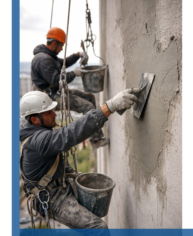 Штукатурка фасада на высоте в Оренбурге профессиональные работы