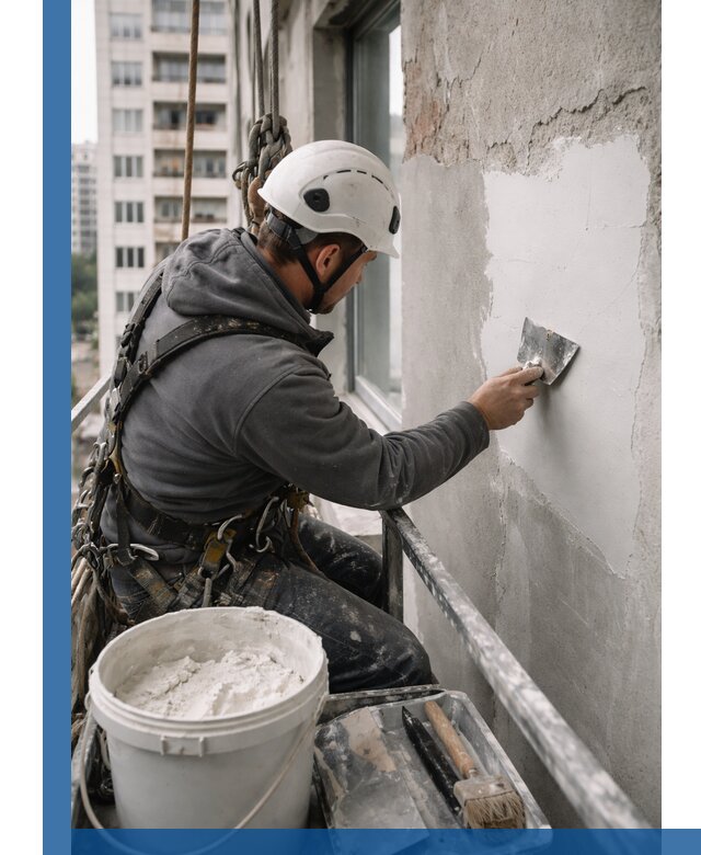 Шпаклевка фасадов на высоте с промальпинистами в Оренбурге