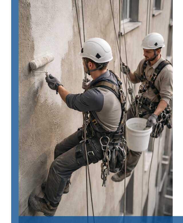 Грунтовка фасада на высоте в Оренбурге промышленными альпинистами