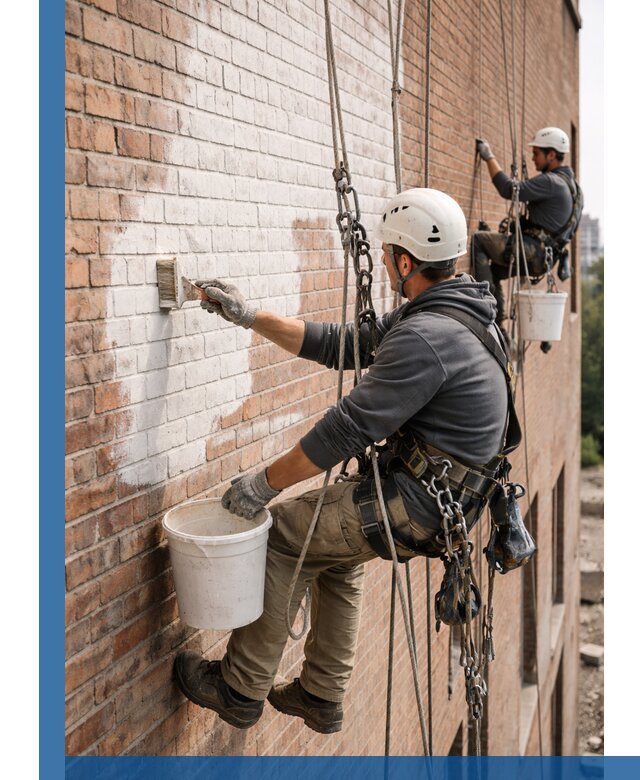 Покраска кирпичного фасада с доступным альпинистским сервисом в Оренбурге