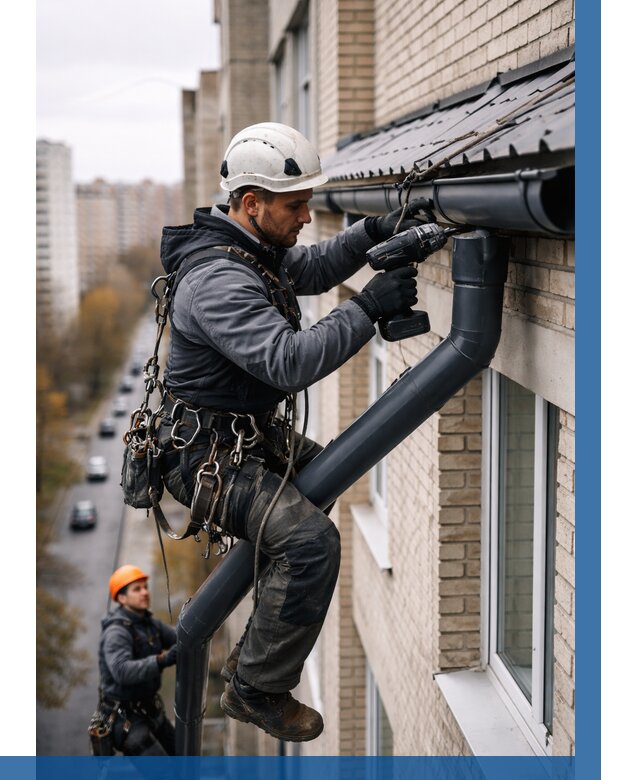 Монтаж водосточной системы на здании в Оренбурге от 5085 р. | ВЫСОТНИК-Рнб