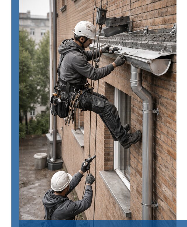 Монтаж водосточной системы на здании в Оренбурге под ключ