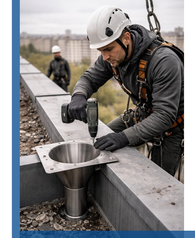 Монтаж водосточных воронок в Оренбурге для промышленных зданий