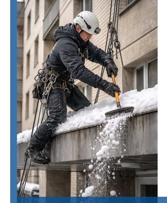 Очистка козырьков от снега в Оренбурге круглогодично безопасно