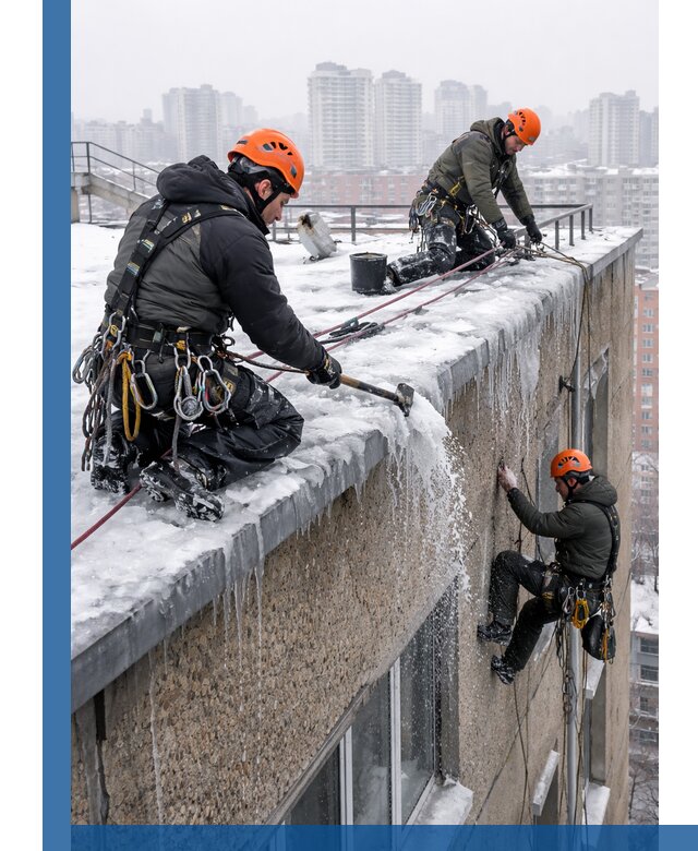 Удаление наледи с кровли в Оренбурге промышленными альпинистами