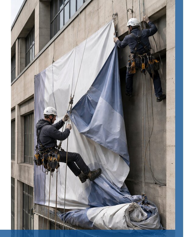 Демонтаж баннеров с фасада в Оренбурге от 4576 р. | ВЫСОТНИК-Рнб