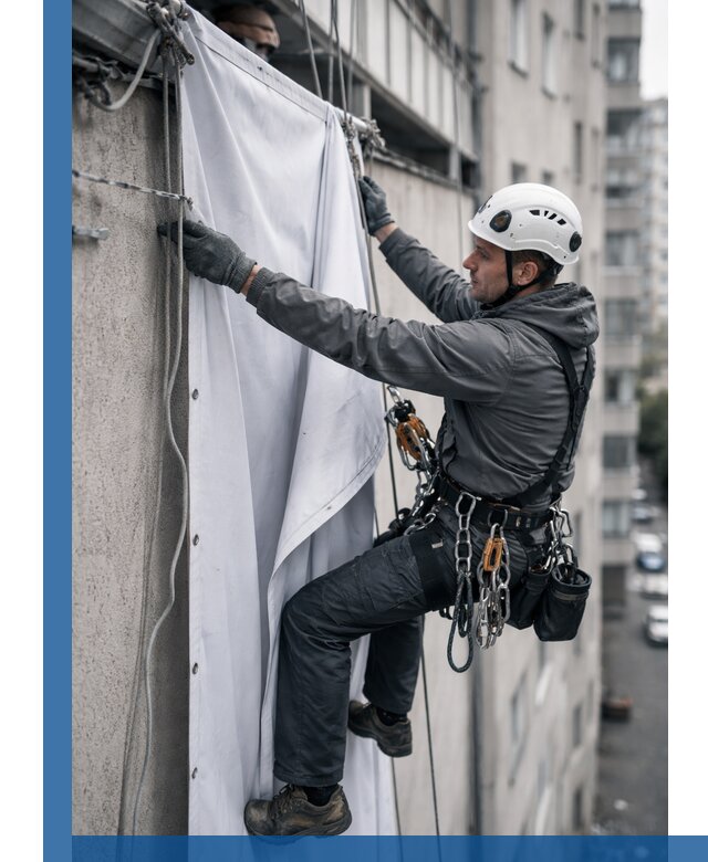 Замена баннерного полотна промышленными альпинистами в Оренбурге