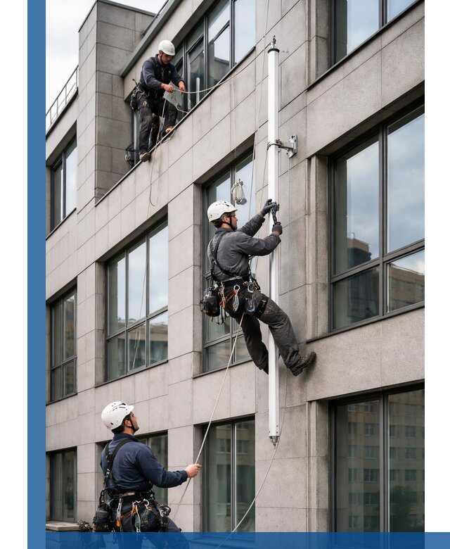 Монтаж флагштока на фасаде здания с креплением и герметикой в Оренбурге