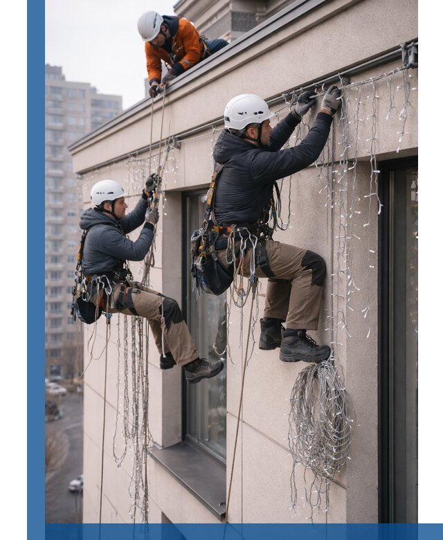 Монтаж праздничных гирлянд на фасаде в Оренбурге для зданий