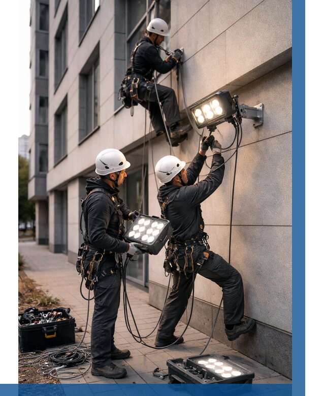 Монтаж прожекторов на фасаде в Оренбурге от 7627 р. | ВЫСОТНИК-Рнб