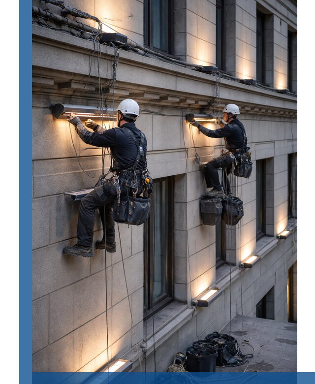 Монтаж архитектурной подсветки фасадов зданий в Оренбурге