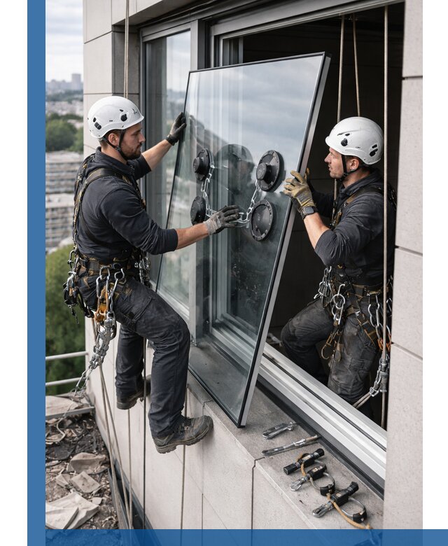 Замена стеклопакетов на высоте с промышленными альпинистами в Оренбурге