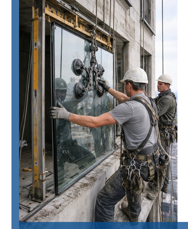 Монтаж стеклопакетов на высоте в Оренбурге с промышленным альпинизмом