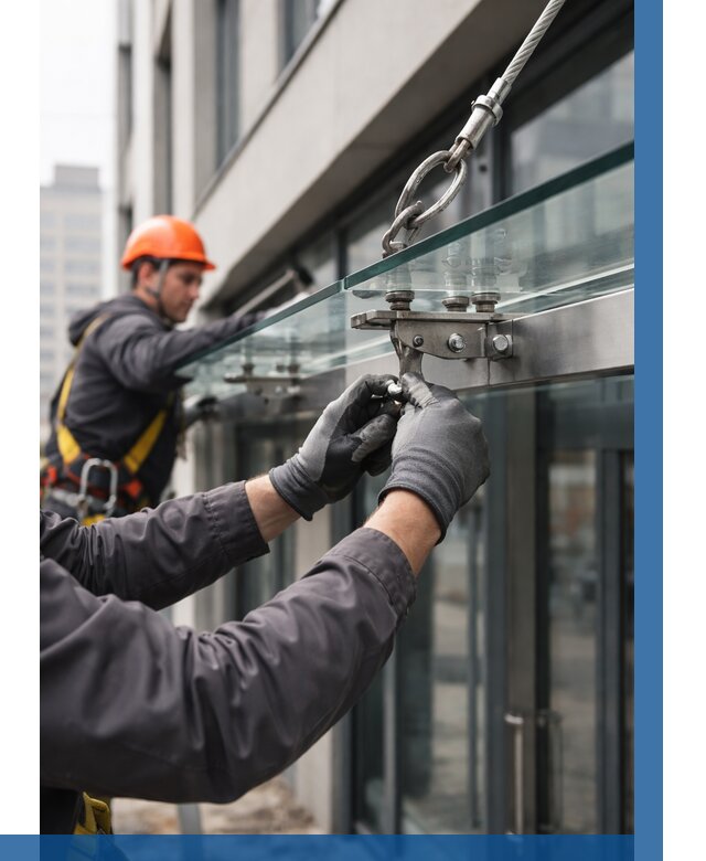 Монтаж стеклянных козырьков в Оренбурге от 8644 р. | ВЫСОТНИК-Рнб