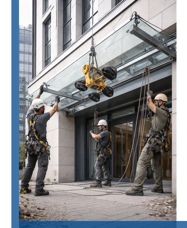 Монтаж стеклянных козырьков под ключ в Оренбурге для зданий