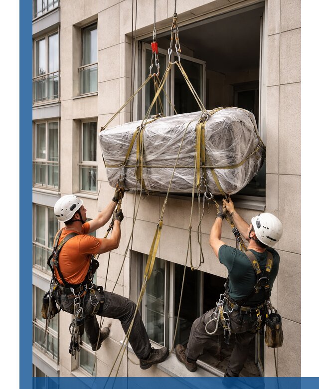 Подъем грузов через окно в Оренбурге промышленными альпинистами