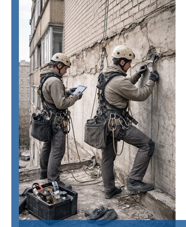 Обследование фасада промышленными альпинистами в Оренбурге